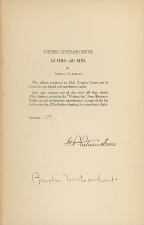 Lot #357 Amelia Earhart: ?LIKE A SACK OF POTATOES?: EARHART signs a limited edition memoir, complete with flown flag, of her history-making transatlantic flight - Image 2