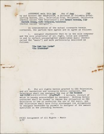 Lot #594 Bernard Herrmann Signed Document - Image 2