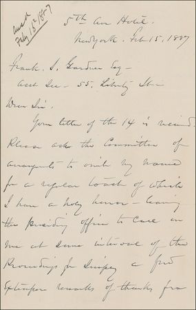 Lot #315 William T. Sherman: Sherman begs out of giving a toast ?of which I have a holy horror.? - Image 1