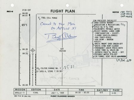 Lot #333 Buzz Aldrin: ORBIT AGENDA: Original flown APOLLO 11 flight plan signed by ALDRIN and annotated by ARMSTRONG and COLLINS - Image 1