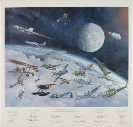 Lot #359 Great Moments in Aviation History: A GATHERING OF EAGLES: Impressive 1982 litho signed by 15 American aviation pioneers, including NEIL ARMSTRONG - Image 1