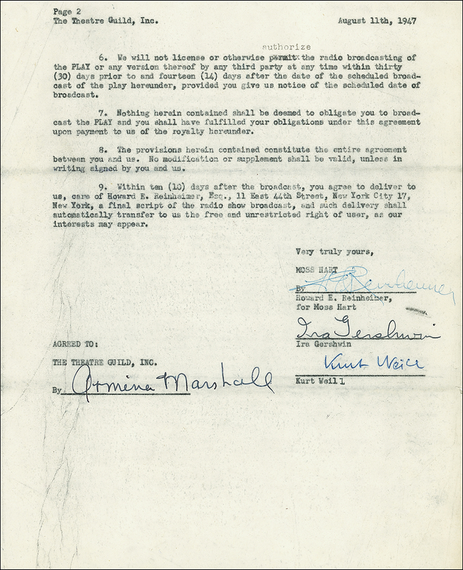 Lot 644 Kurt Weill and Ira Gershwin: Approving a radio broadcast of Lady in the Dark