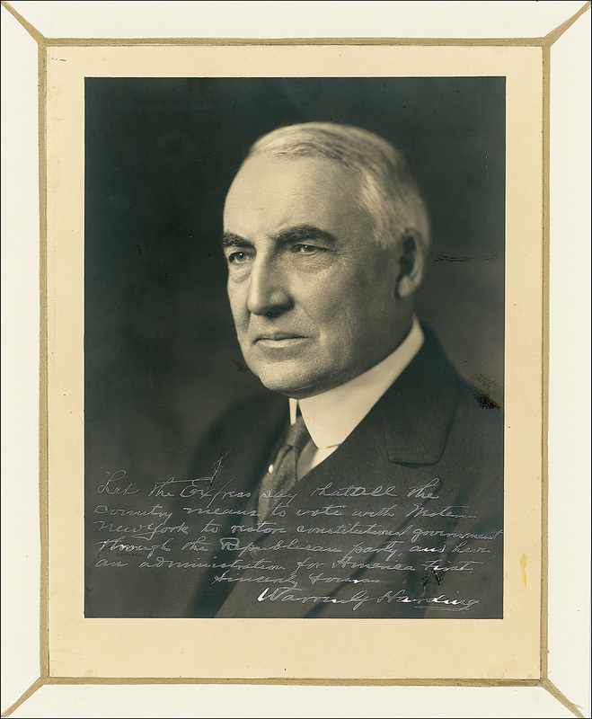 Lot 44 Warren G. Harding: Blistering Harding photo with anti-Wilson and League of Nations rhetoric