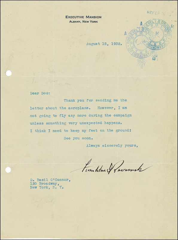 Lot 98 Franklin D. Roosevelt: Roosevelt keeps his campaign grounded: ?Thank you for sending me the letter about the aeroplane?I think I need to keep my feet on the ground!