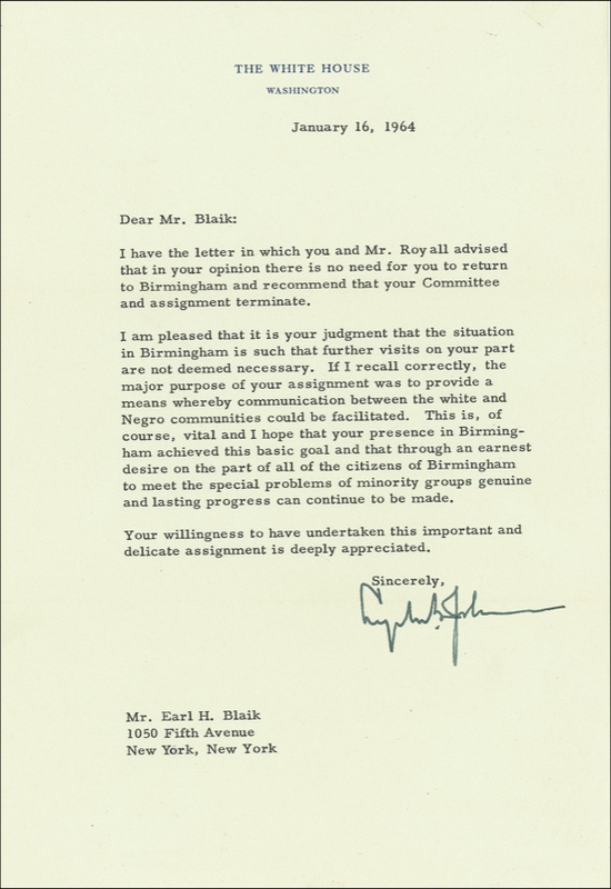 Lot 62 Lyndon B. Johnson accepts Army coach Blaik’s recommendation to terminate his mediation in Birmingham, “to provide a means whereby communications between the white and Negro communities could be facilitated”