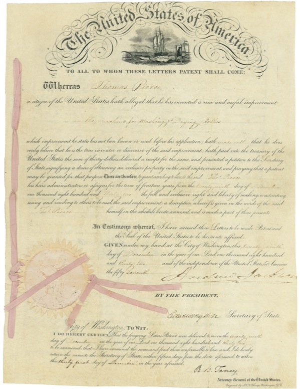 Lot 53 Andrew Jackson and Roger Taney: Spin, rinse, repeat: Jackson signs a patent for a “machine for Washing & Drying clothes.”