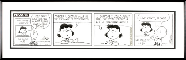 Lot 473 Charles Schulz: FIVE CENTS, PLEASE! Classic 1971 daily PEANUTS strip featuring Charlie Brown at Lucy’s psychiatric booth