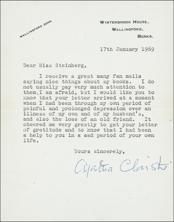 Lot 374 Agatha Christie: Cheering Miss Marple: Christie thanks a fan who had written during “my own period of painful and prolonged depression”