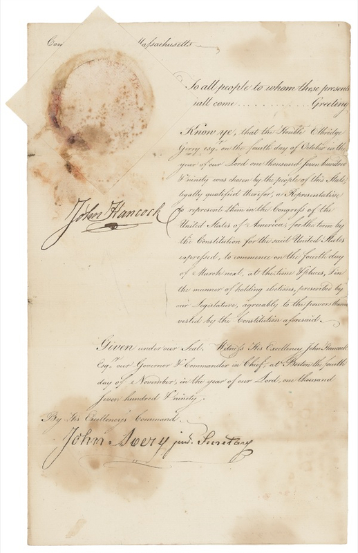 Lot 188 John Hancock: SIGNERS OF THE TIMES: Governor HANCOCK certifies fellow Signer ELBRIDGE GERRY as a Massachusetts representative
