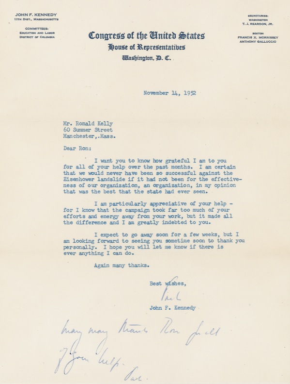 Lot 66 John F. Kennedy: JFK sends thanks for campaign help “against the Eisenhower landslide”