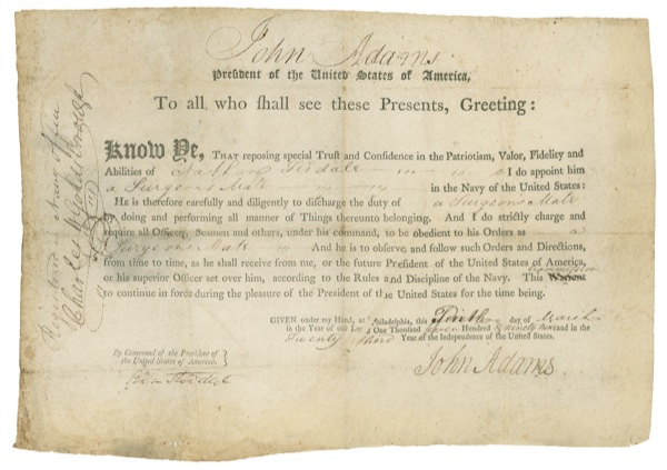 Lot 1 John Adams: SAILORS’ SAWBONES: ADAMS appoints a naval surgeon’s mate