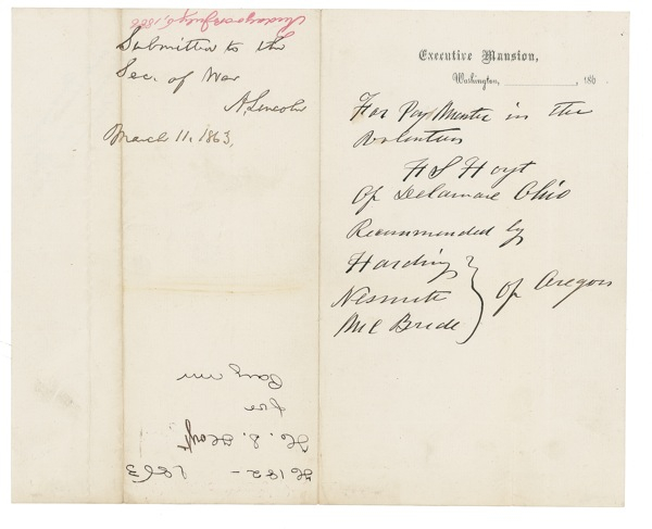 Lot 68 Abraham Lincoln: LINCOLN endorses an order a week after signing the controversial Conscription Act