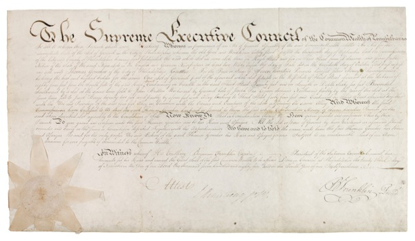 Lot 174 Benjamin Franklin: A PATRIOT COMES HOME: Months after his return to America after a decade as Ambassador to France, FRANKLIN grants a parcel of land to a Philadelphia ?cuttler?