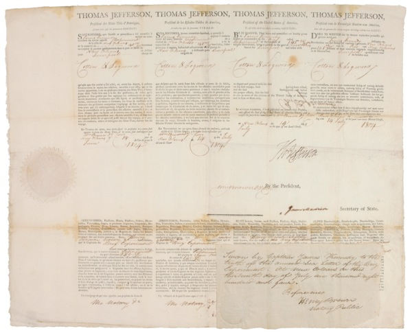 Lot 58 Thomas Jefferson and James Madison: “LADEN WITH COTTON & LOGWOOD”: JEFFERSON signs papers for a Liverpool-bound ship bearing the fruits of Louisiana’s slave economy