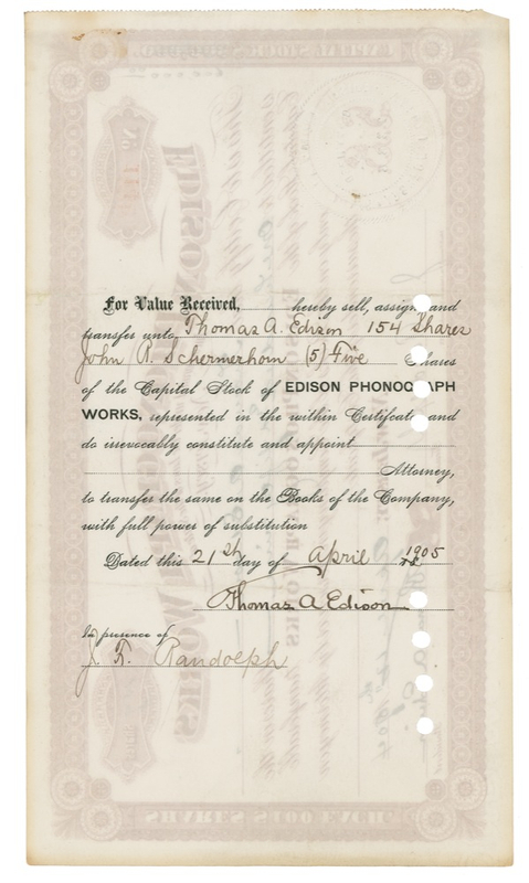 Lot 165 Thomas Edison: MUSIC TO HIS EARS: EDISON issues himself 159 shares in his own phonograph company