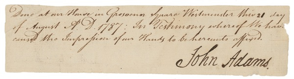 Lot 2 John Adams: 1787: ADAMS signs in Great Britian in the midst of the Constitutional Convention