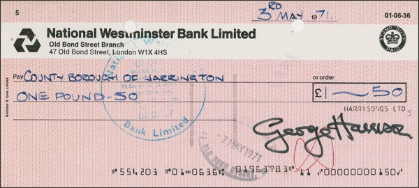 Lot 507 Beatles: Harrison, George Check
