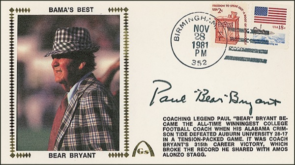 Lot 1275 Paul “Bear” Bryant Commemorative Cover