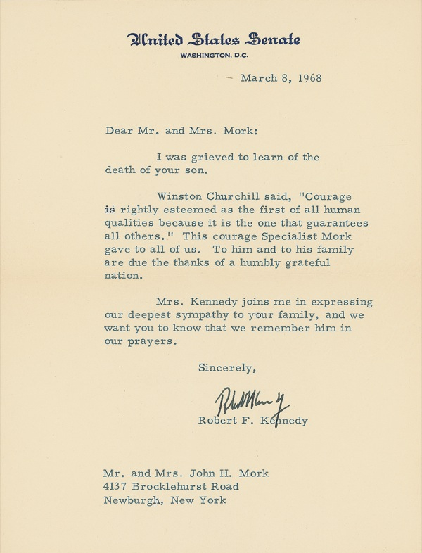Lot 206 Robert F. Kennedy and Jacob Javits send condolences to a soldier family: ?Winston Churchill said, ?Courage is rightly esteemed as the first of all human qualities because it is the one that guarantees all others.??