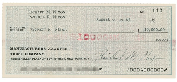 Lot 82 Richard Nixon: Ten-grand gesture: Nine years to the day before he would make the decision to resign, NIXON writes himself a check for $10,000