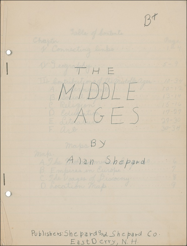 Lot 359 Alan Shepard: ?GEOGRAPHY SUCH AS NEVER SEEN BEFORE?: Decades before his historic space flight, schoolboy ALAN SHEPARD outlines the history of the Middle Ages