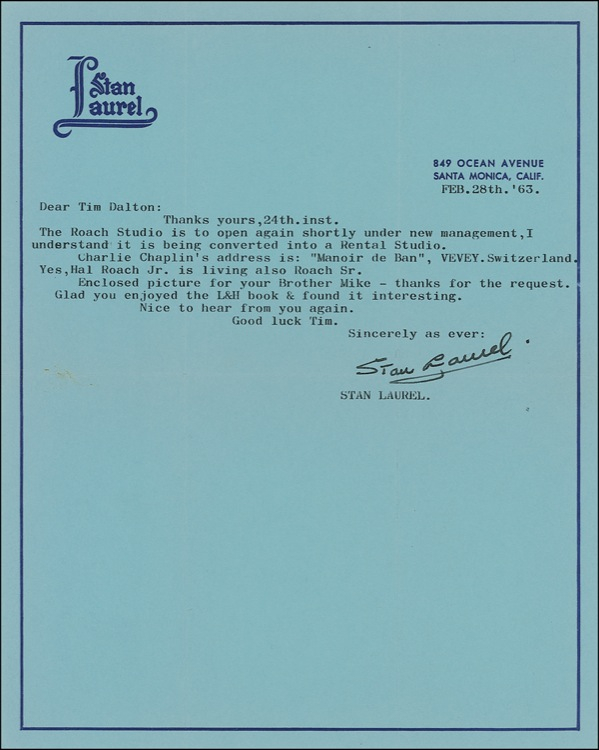 Lot 939 Stan Laurel: Comic colleagues: Laurel sends Chaplin’s Swiss address