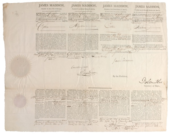 Lot 72 James Madison: Soft touch: Madison signs ship’s papers for a France-bound ship laden with cotton