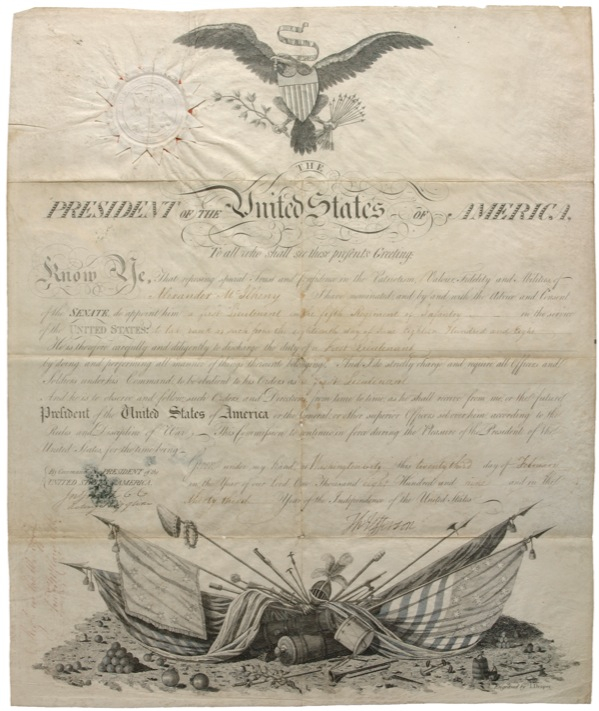 Lot 59 Thomas Jefferson: ?REPOSING SPECIAL TRUST AND CONFIDENCE IN THE PATRIOTISM, VALOUR, FIDELITY, AND ABILITIES?: JEFFERSON signs a scarce 1809 military commission