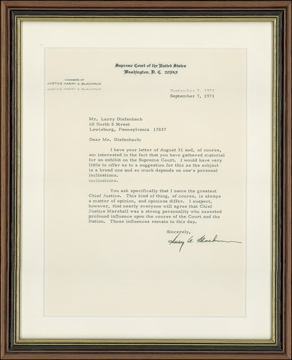 Lot 238 Supreme Court: Blackmun, Harry: On John Marshall: ?A strong personality who asserted profound influence upon the course of the Court and the Nation?