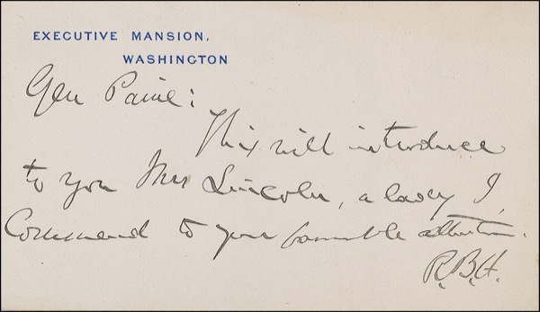 Lot 51 Rutherford B. Hayes: President Hayes introduces renowned actress Mrs. Lincoln