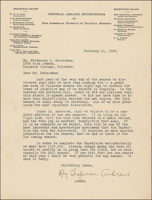 Lot 123 Roy Chapman Andrews: “A COMPLETE SKELETON OF OUR NEW MONSTER”: The proto–Indiana Jones reports on exciting discoveries in the field