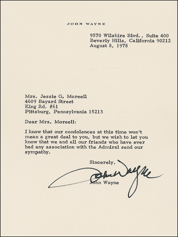 Lot 1129 John Wayne Typed Letter Signed