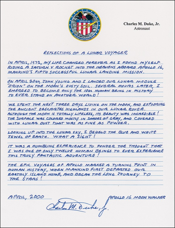 Lot 332 Charlie Duke Souvenir Manuscript