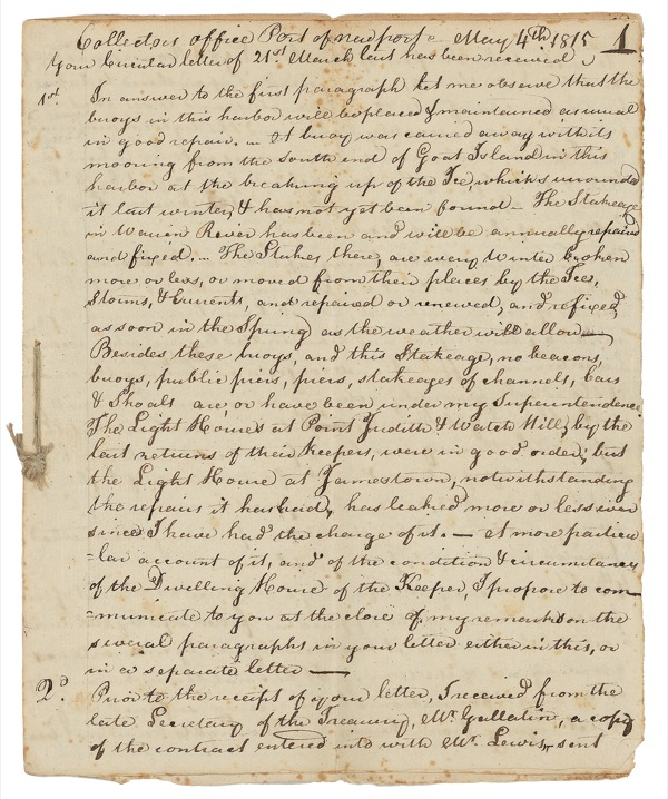 Lot 163 Declaration of Independence: Ellery, William: BEACONS OF FREEDOM: ELLERY reports on the condition of Rhode Island lighthouses, including one ?burnt by the British in the revolutionary war?