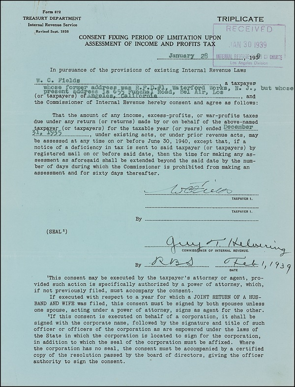Lot 826 W. C. Fields Signed Document