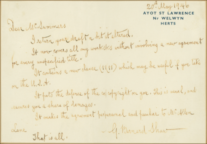 Lot 423 George Bernard Shaw: “If you take on the U.S.A.”