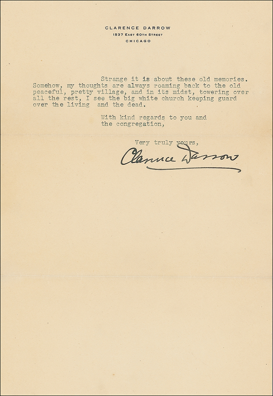Lot 159 Clarence Darrow: ?I hurried by, fearing the dead would be awakened by my fleeting feet. An older brother who died when I was a little child lies in his grave in the old yard and besides him sleeps my mother.?