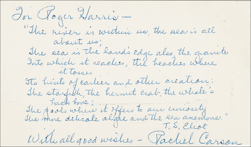 Lot 371 Rachel Carson: Quoting T. S. Eliot on ?the sea ... all about us?
