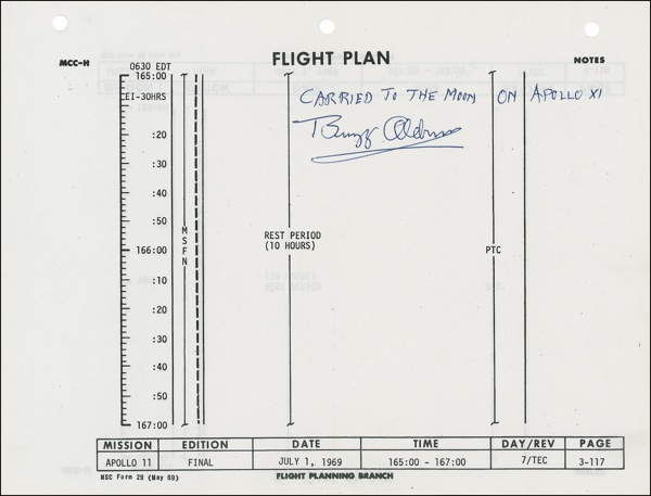 Lot 295 Buzz Aldrin: THE SCIENCE OF (SPACE) SLEEP: ALDRIN signs a page from the original flight plan used during the APOLLO 11 mission