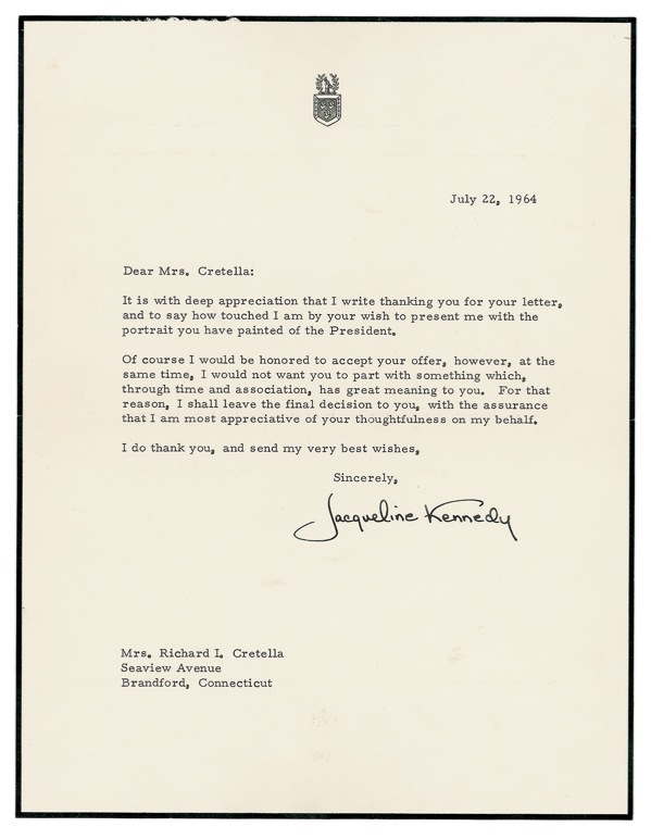 Lot 63 Jacqueline Kennedy: “THE PORTRAIT YOU HAVE PAINTED OF THE PRESIDENT”: JACKIE acknowledges a touching memorial tribute to JFK