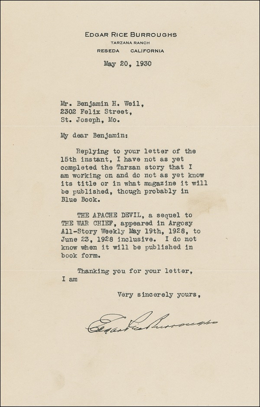 Lot 369 Edgar Rice Burroughs: ?I have not as yet completed the Tarzan story that I am working on?