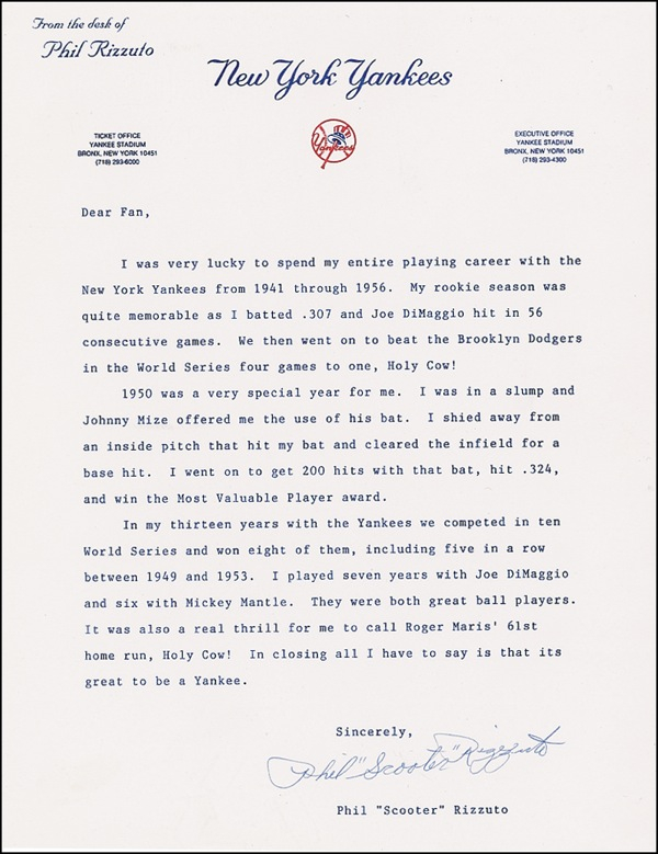Lot 1507 Phil Rizzuto Handwritten Letter Signed