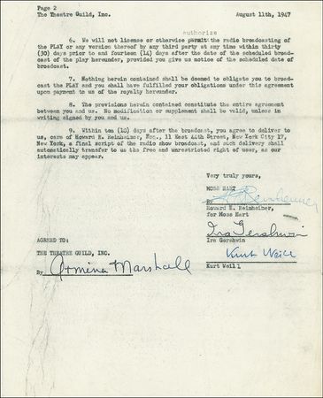 Lot #644 Kurt Weill and Ira Gershwin: Approving a radio broadcast of Lady in the Dark - Image 1