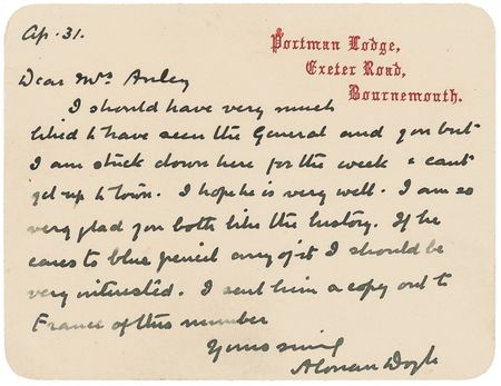 Lot #382 Arthur Conan Doyle: War stories: Doyle invites a general to ?blue pencil? one of his military works - Image 1