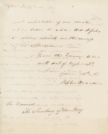 Lot #258 Stephen Decatur: “A STRONG INTEREST IN THE SUCCESS OF HIS APPLICATION”: DECATUR leans on the Secretary of the Navy to appoint a young man from a family he credits as “amongst the most respectable in the country” - Image 1