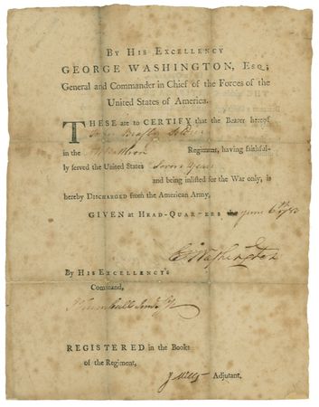Lot #115 George Washington: “HAVING ENLISTED IN THE WAR ONLY ... IS HEREBY DISCHARGED FROM THE AMERICAN ARMY”: Just months before the Treaty of Paris, WASHINGTON discharges a seven-year veteran of the Revolutionary War - Image 1