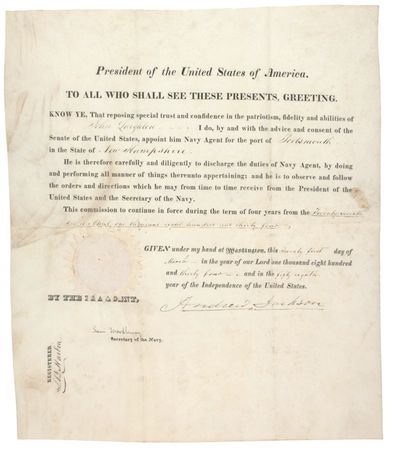 Lot #57 Andrew Jackson: Uncommon 1834 naval appointment - Image 1