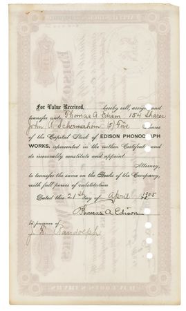 Lot #165 Thomas Edison: MUSIC TO HIS EARS: EDISON issues himself 159 shares in his own phonograph company - Image 1