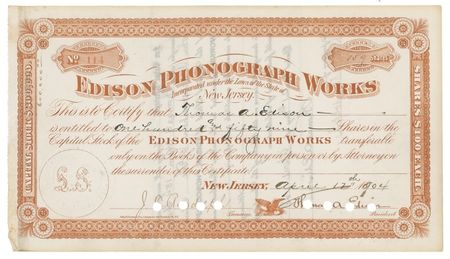 Lot #165 Thomas Edison: MUSIC TO HIS EARS: EDISON issues himself 159 shares in his own phonograph company - Image 2