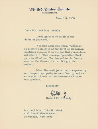 Lot #206 Robert F. Kennedy and Jacob Javits send condolences to a soldier family: ?Winston Churchill said, ?Courage is rightly esteemed as the first of all human qualities because it is the one that guarantees all others.?? - Image 1